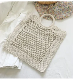 Elena Handbags Handmade Crochet Large Cotton Knitted Top Handle Bag with Fishnet Design