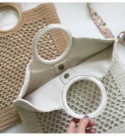 Elena Handbags Handmade Crochet Large Cotton Knitted Top Handle Bag with Fishnet Design