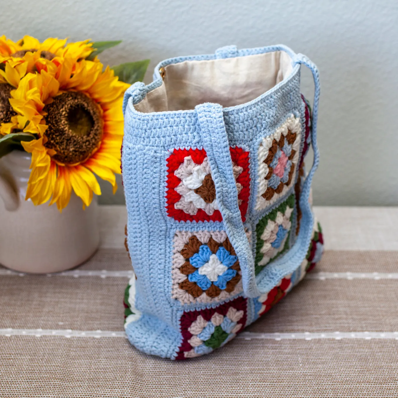 Elena Handbags Handmade Crochet Granny Square Patch Shoulder Bag