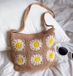 Elena Handbags Handmade Crochet Floral Square Shoulder Bag