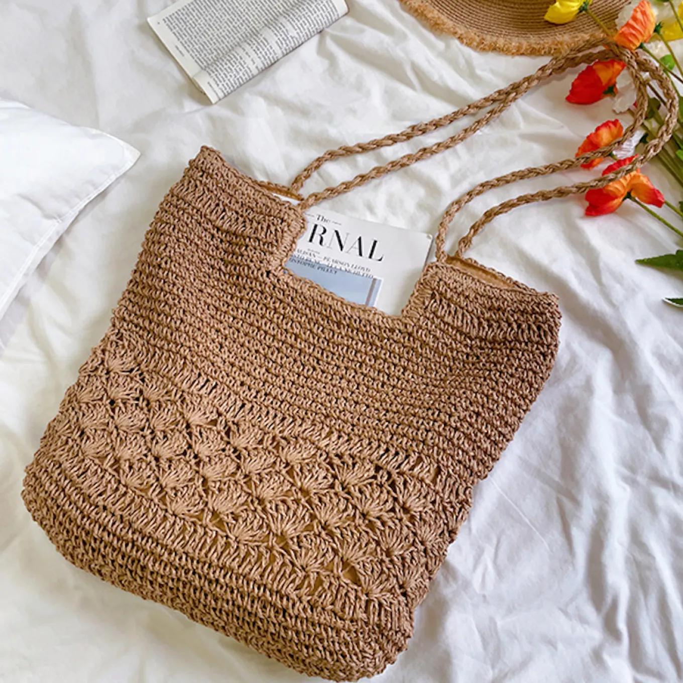 Elena Handbags Large Beach Straw Woven Tote