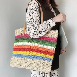 Elena Handbags Large Rainbow Straw Tote