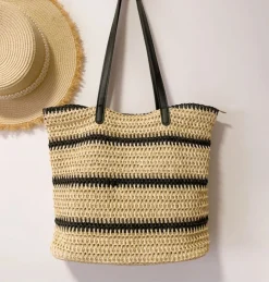 Elena Handbags Large Straw Striped Summer Tote