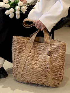 Elena Handbags Large Straw Woven Tote Bag
