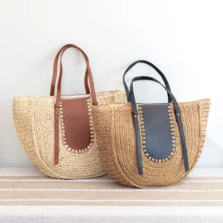Elena Handbags Large Straw Woven Round Tote with Brown Leather Accents - Perfect Beach Bag or Summer Handbag