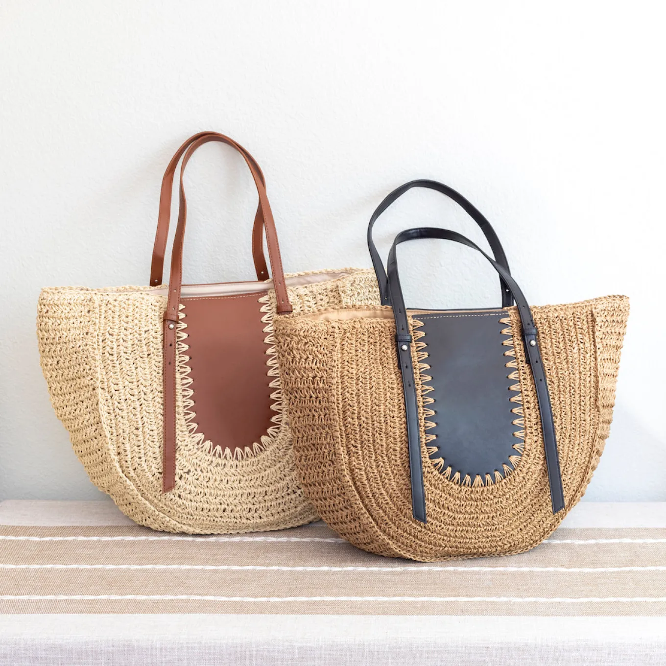 Elena Handbags Large Straw Woven Round Tote with Brown Leather Accents - Perfect Beach Bag or Summer Handbag
