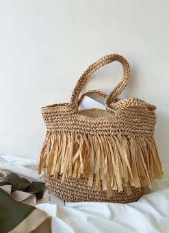 Elena Handbags Large Straw Woven Tote Bag with Tassels