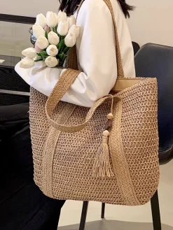 Elena Handbags Large Straw Woven Tote Bag