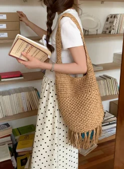 Elena Handbags Large Straw Woven Shoulder Bag with Tassel
