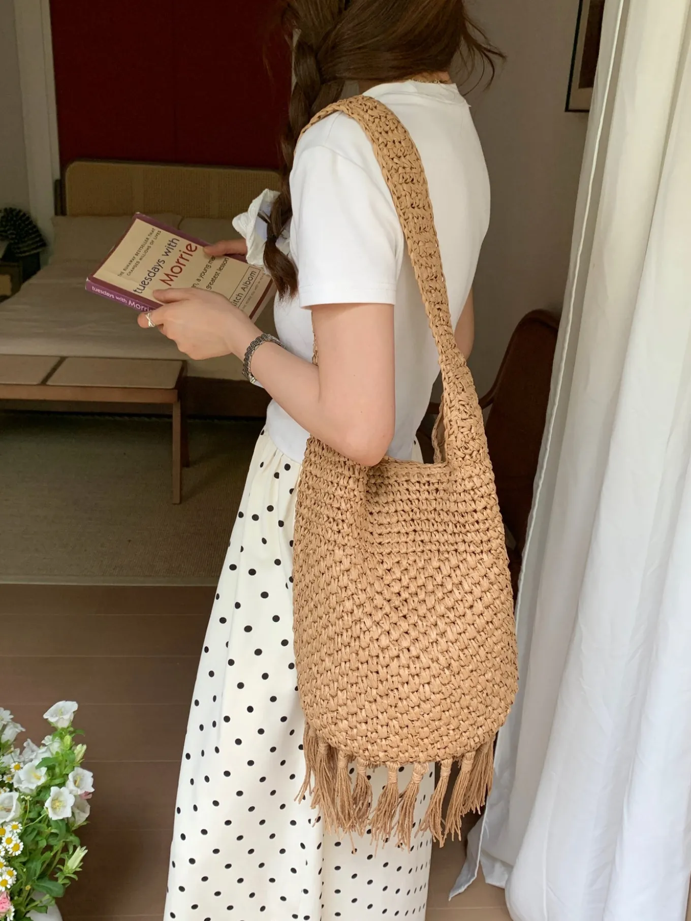 Elena Handbags Large Straw Woven Shoulder Bag with Tassel