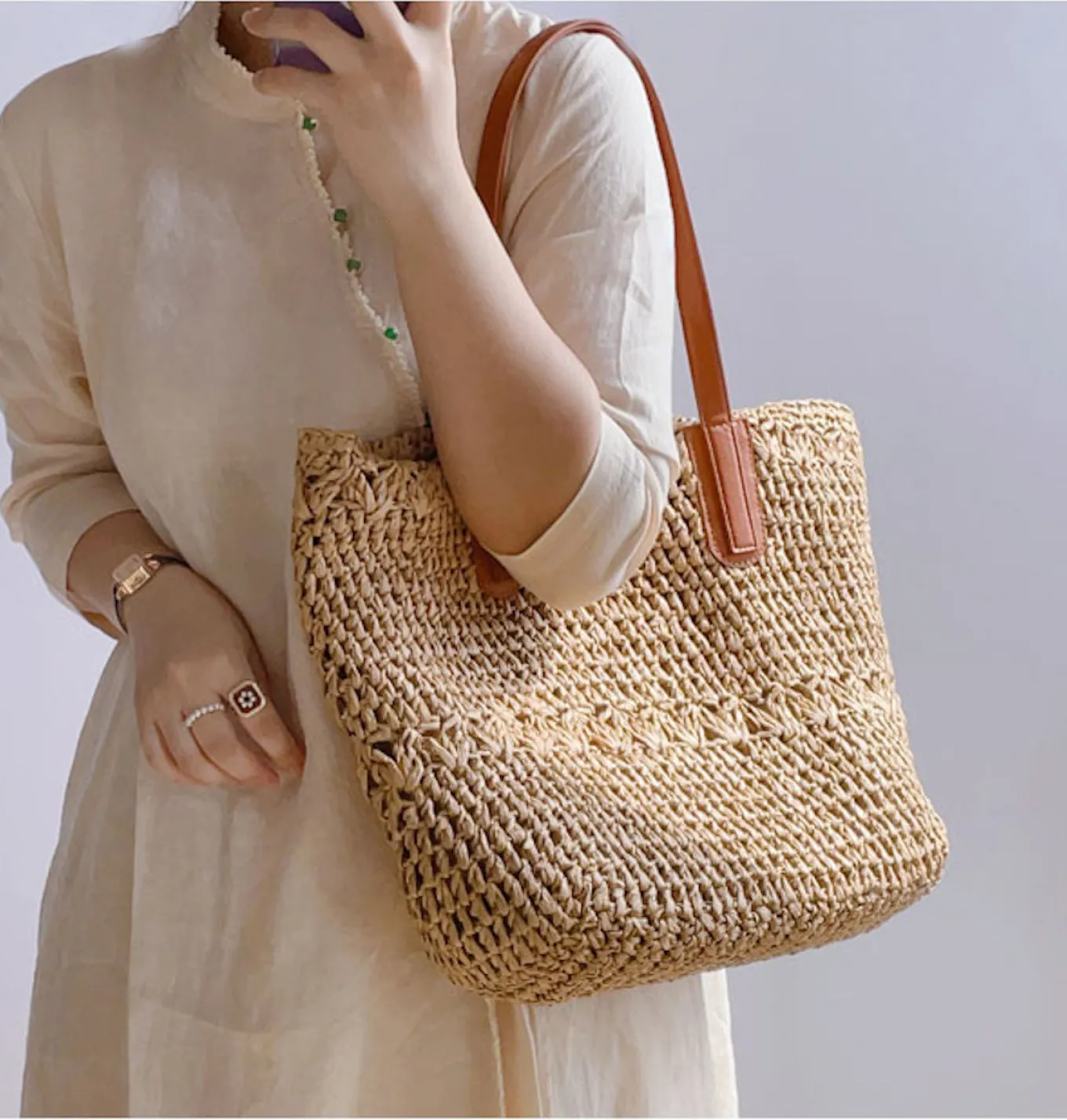 Elena Handbags Large Straw Woven Tote