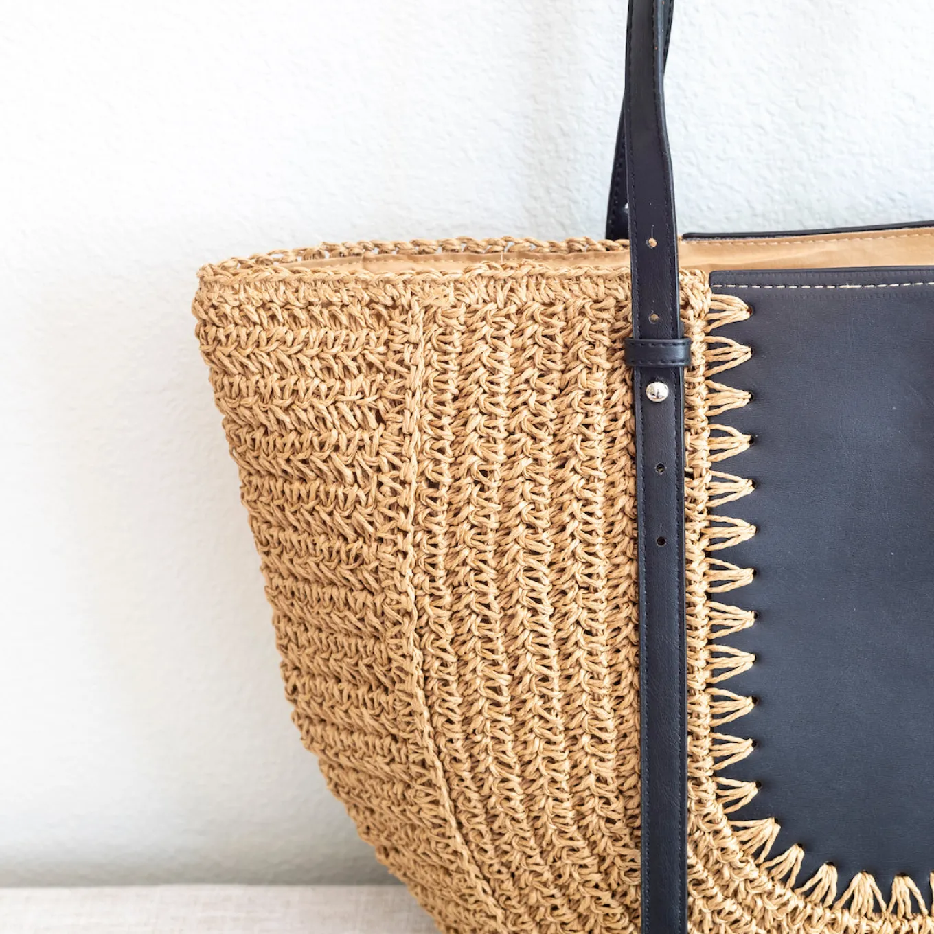 Elena Handbags Large Straw Woven Round Tote with Brown Leather Accents - Perfect Beach Bag or Summer Handbag