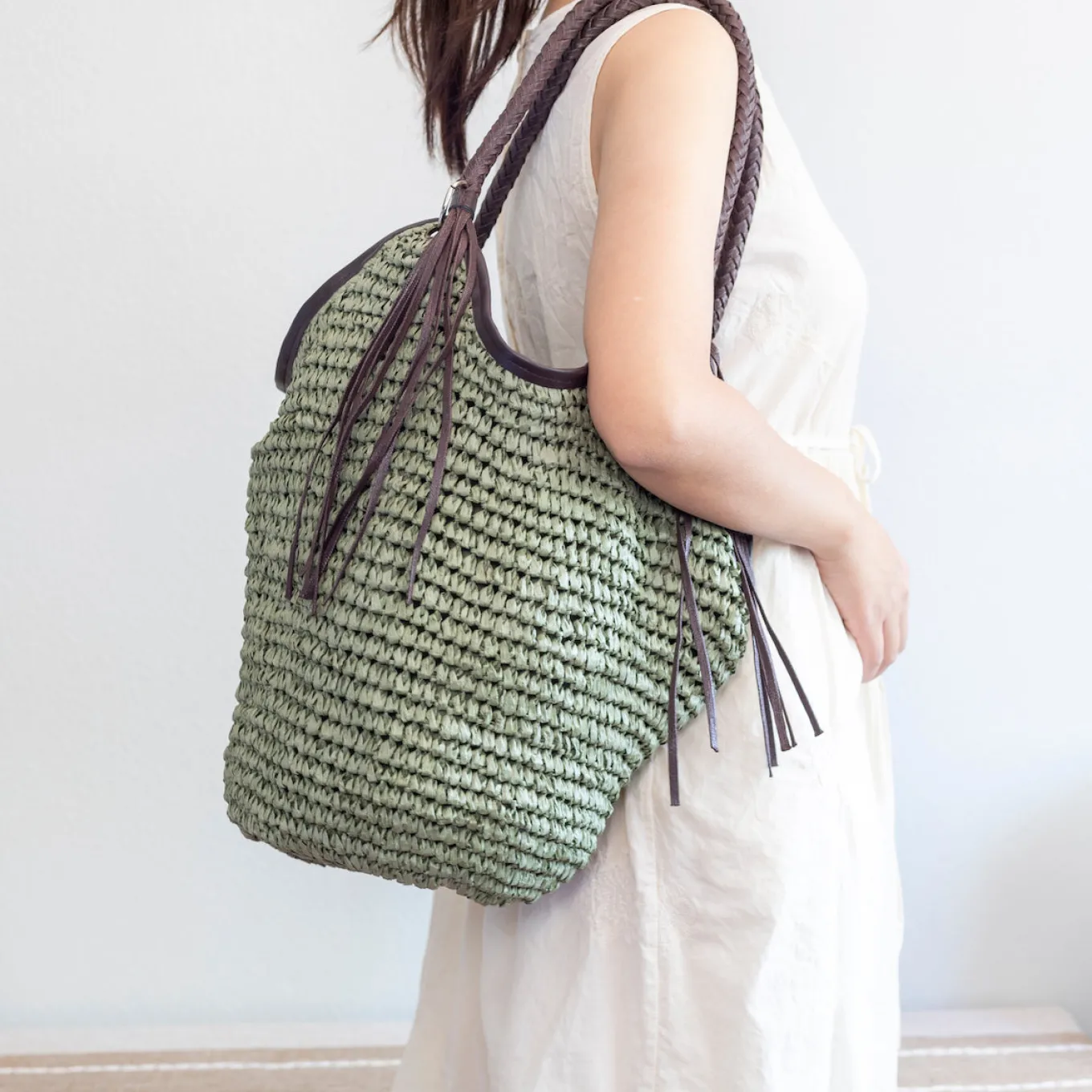 Elena Handbags Large Straw Woven Bucket Tote Bag