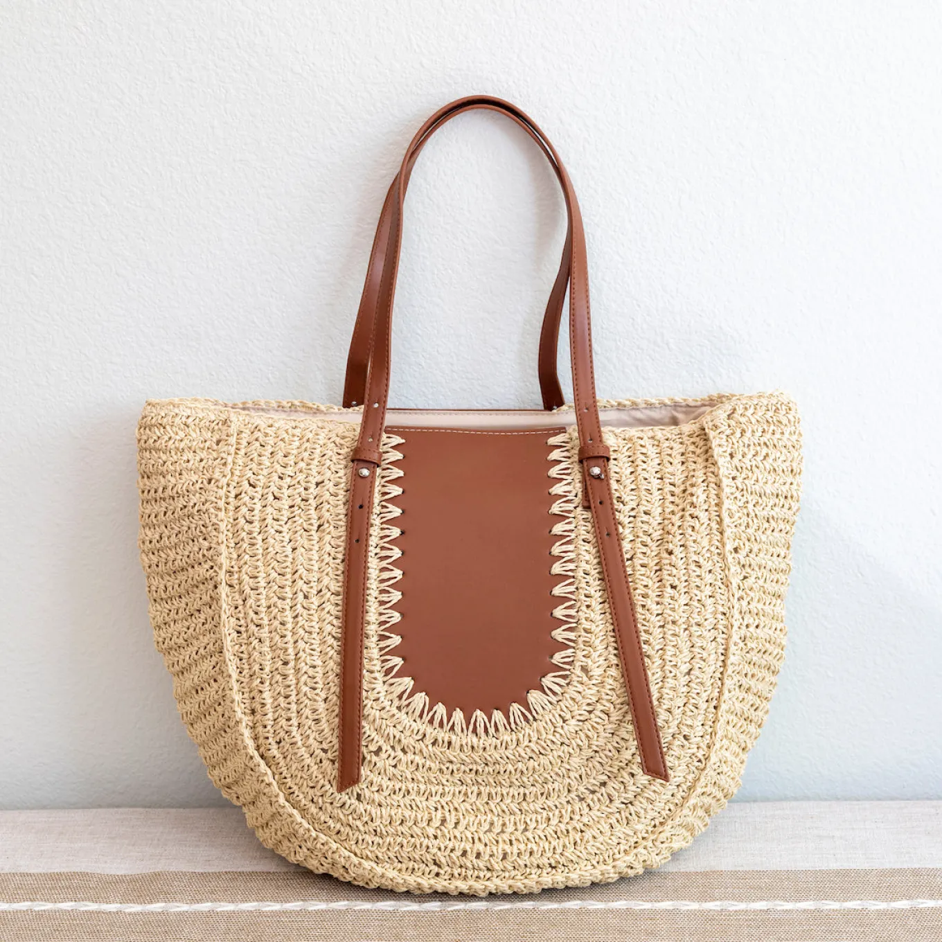Elena Handbags Large Straw Woven Round Tote with Brown Leather Accents - Perfect Beach Bag or Summer Handbag