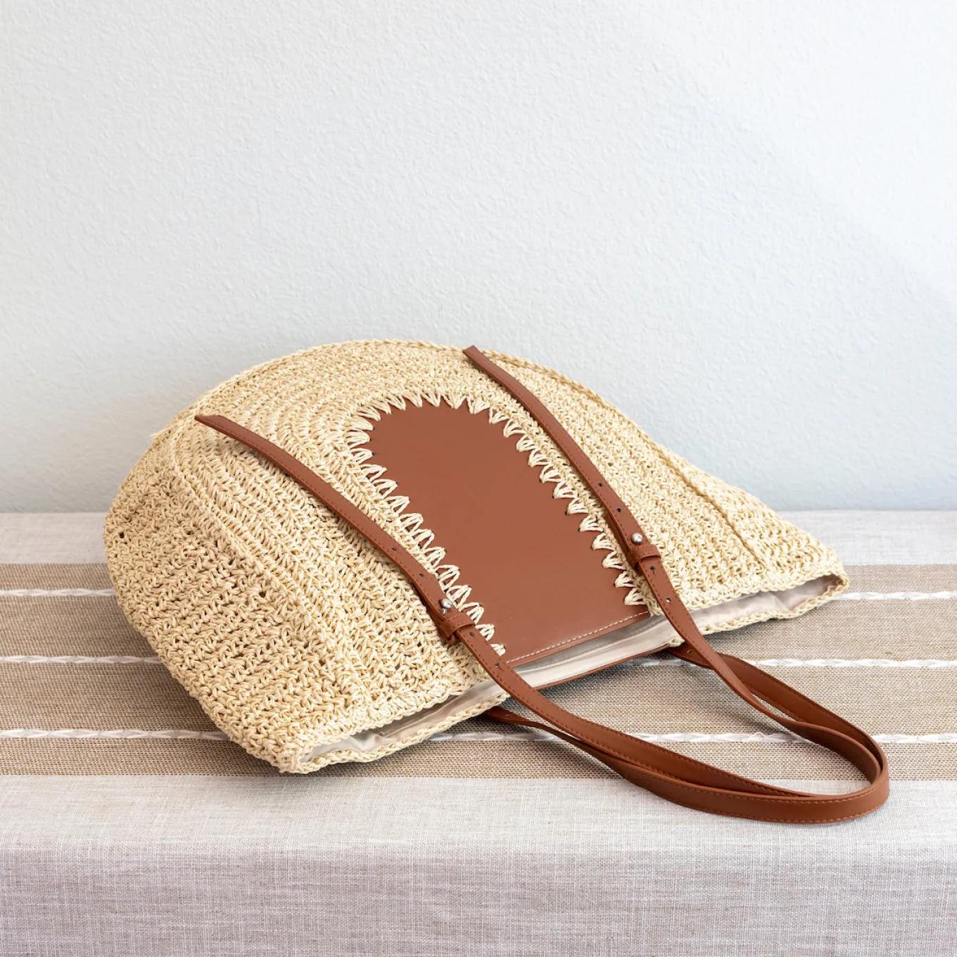 Elena Handbags Large Straw Woven Round Tote with Brown Leather Accents - Perfect Beach Bag or Summer Handbag