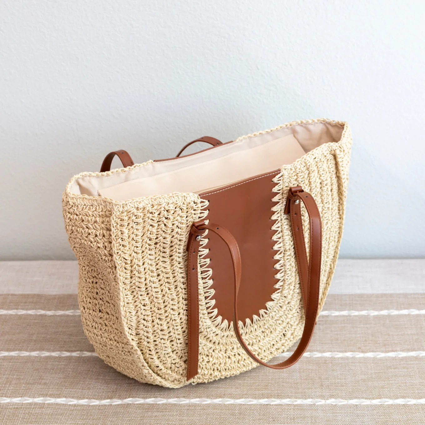 Elena Handbags Large Straw Woven Round Tote with Brown Leather Accents - Perfect Beach Bag or Summer Handbag