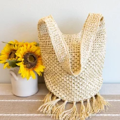 Elena Handbags Large Straw Woven Shoulder Bag with Tassel