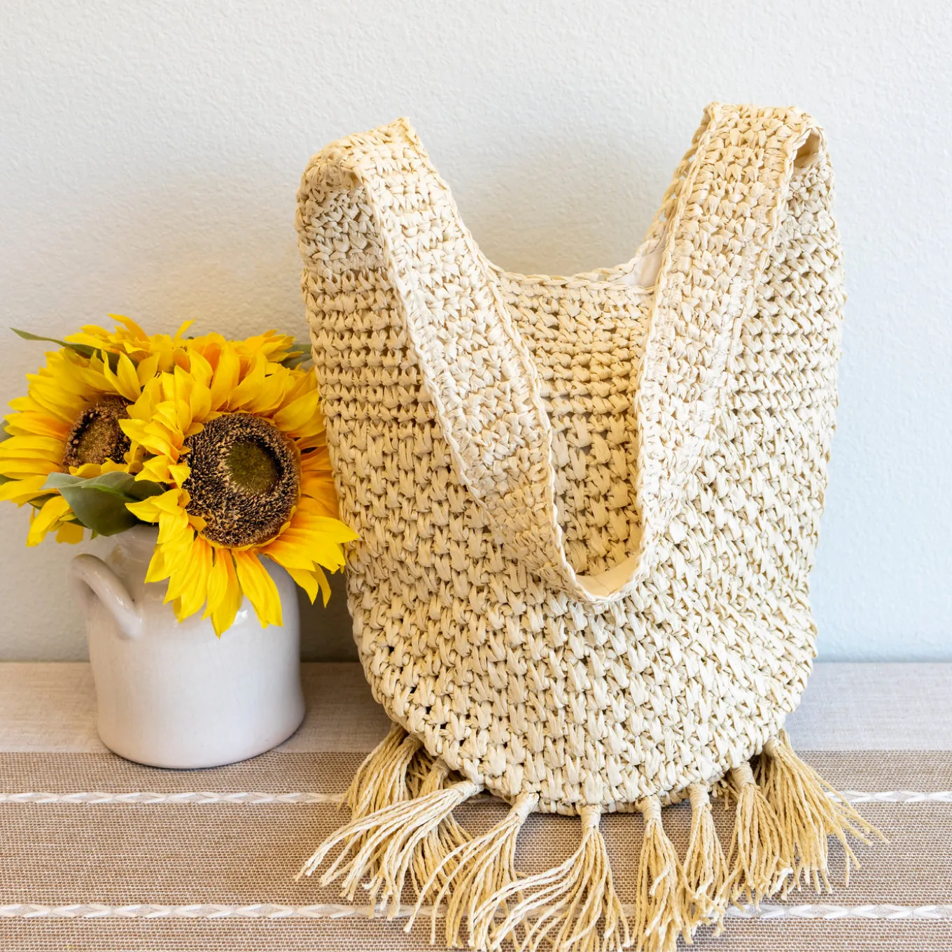 Elena Handbags Large Straw Woven Shoulder Bag with Tassel