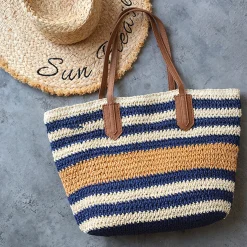 Elena Handbags Large Striped Straw Woven Tote Bag