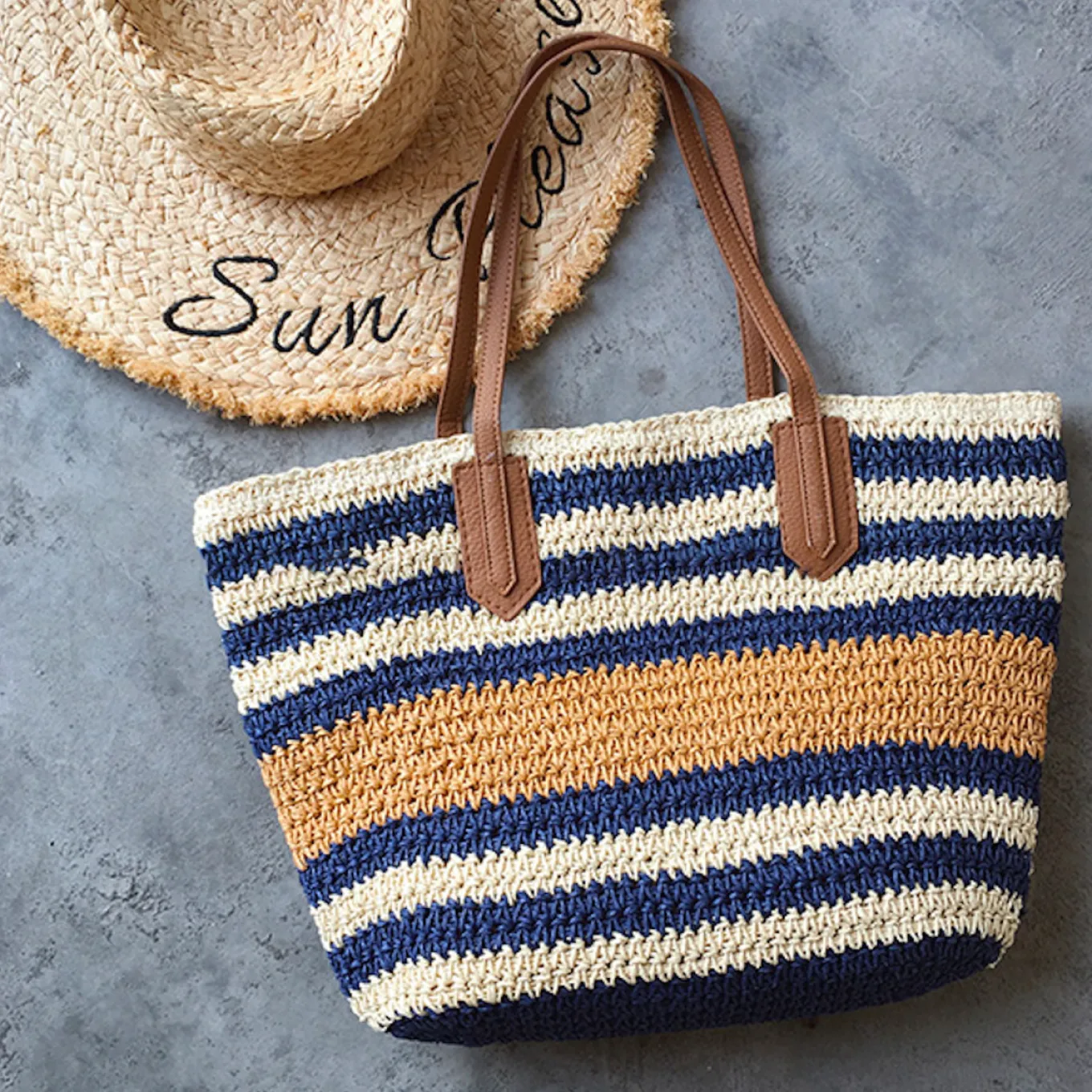 Elena Handbags Large Striped Straw Woven Tote Bag