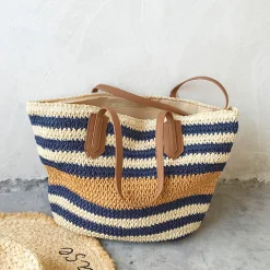 Elena Handbags Large Striped Straw Woven Tote Bag