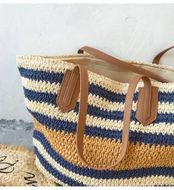 Elena Handbags Large Striped Straw Woven Tote Bag