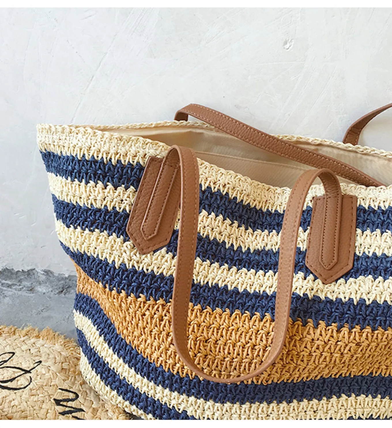 Elena Handbags Large Striped Straw Woven Tote Bag