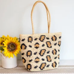 Elena Handbags Leopard Design Raffia Summer Tote Bag