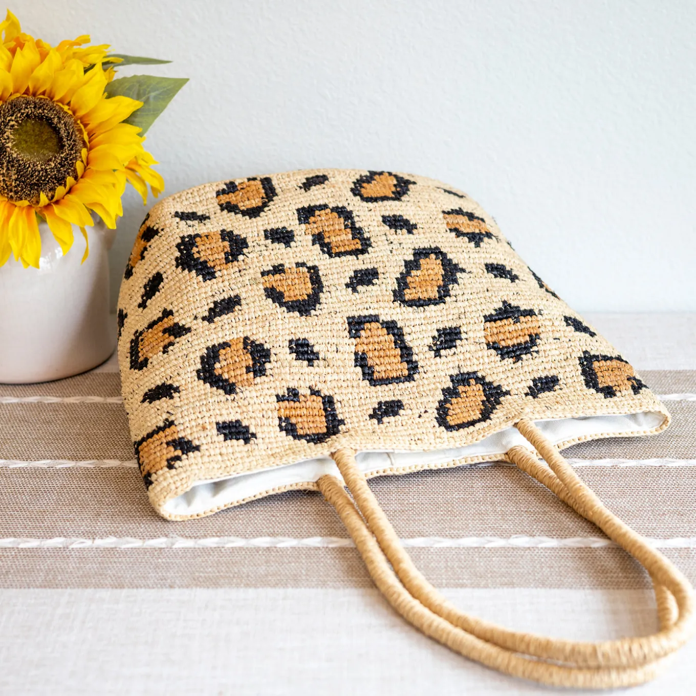 Elena Handbags Leopard Design Raffia Summer Tote Bag
