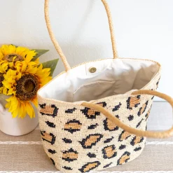 Elena Handbags Leopard Design Raffia Summer Tote Bag