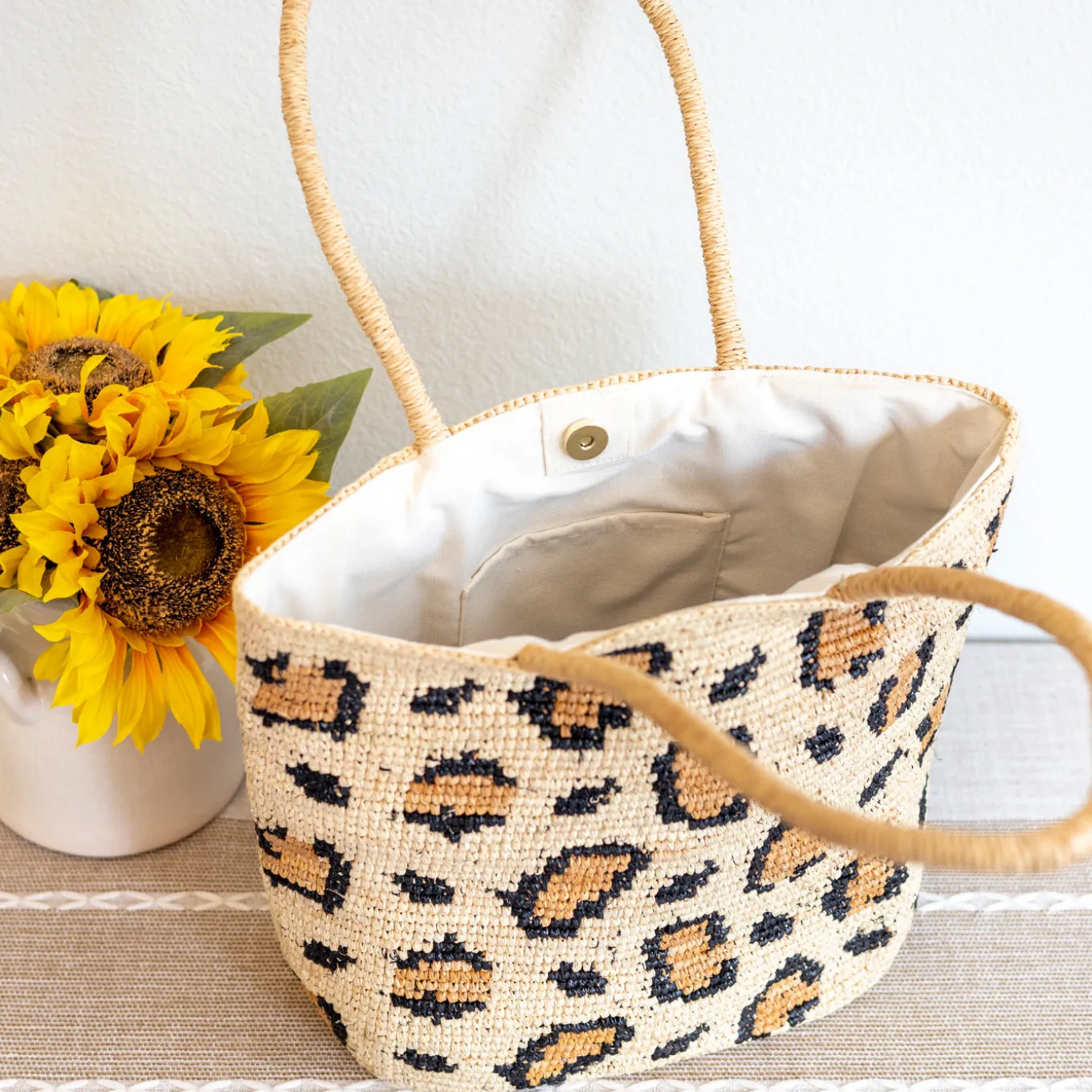 Elena Handbags Leopard Design Raffia Summer Tote Bag