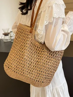 Elena Handbags Lightweight Straw Woven Square Tote Bag