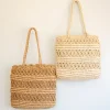 Elena Handbags Long Handle Floral Design Straw Beach Tote