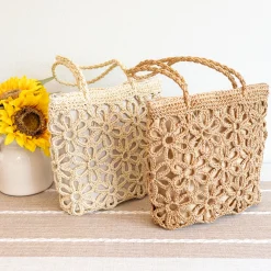 Elena Handbags Long Handle Floral Design Straw Beach Tote