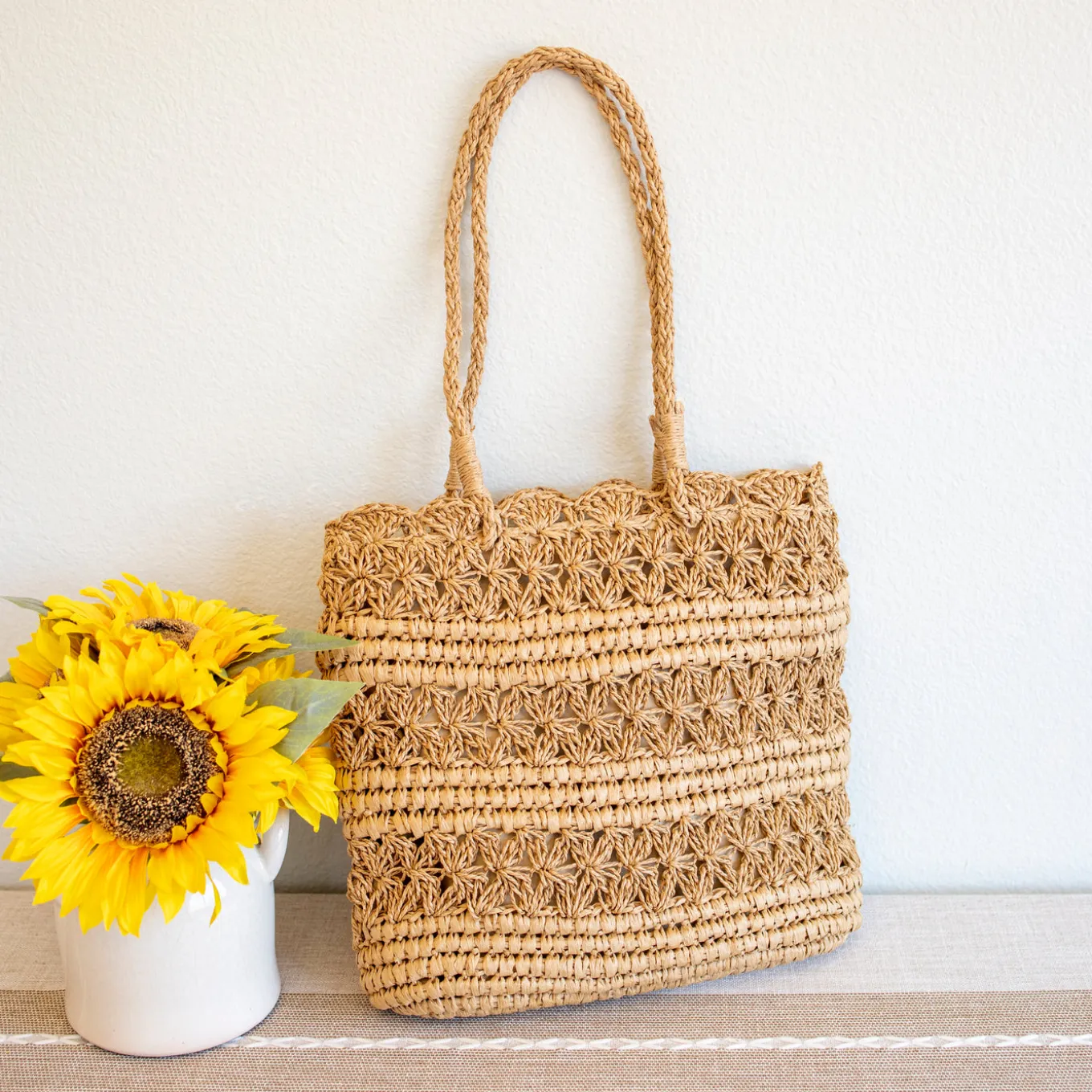 Elena Handbags Long Handle Floral Design Straw Beach Tote