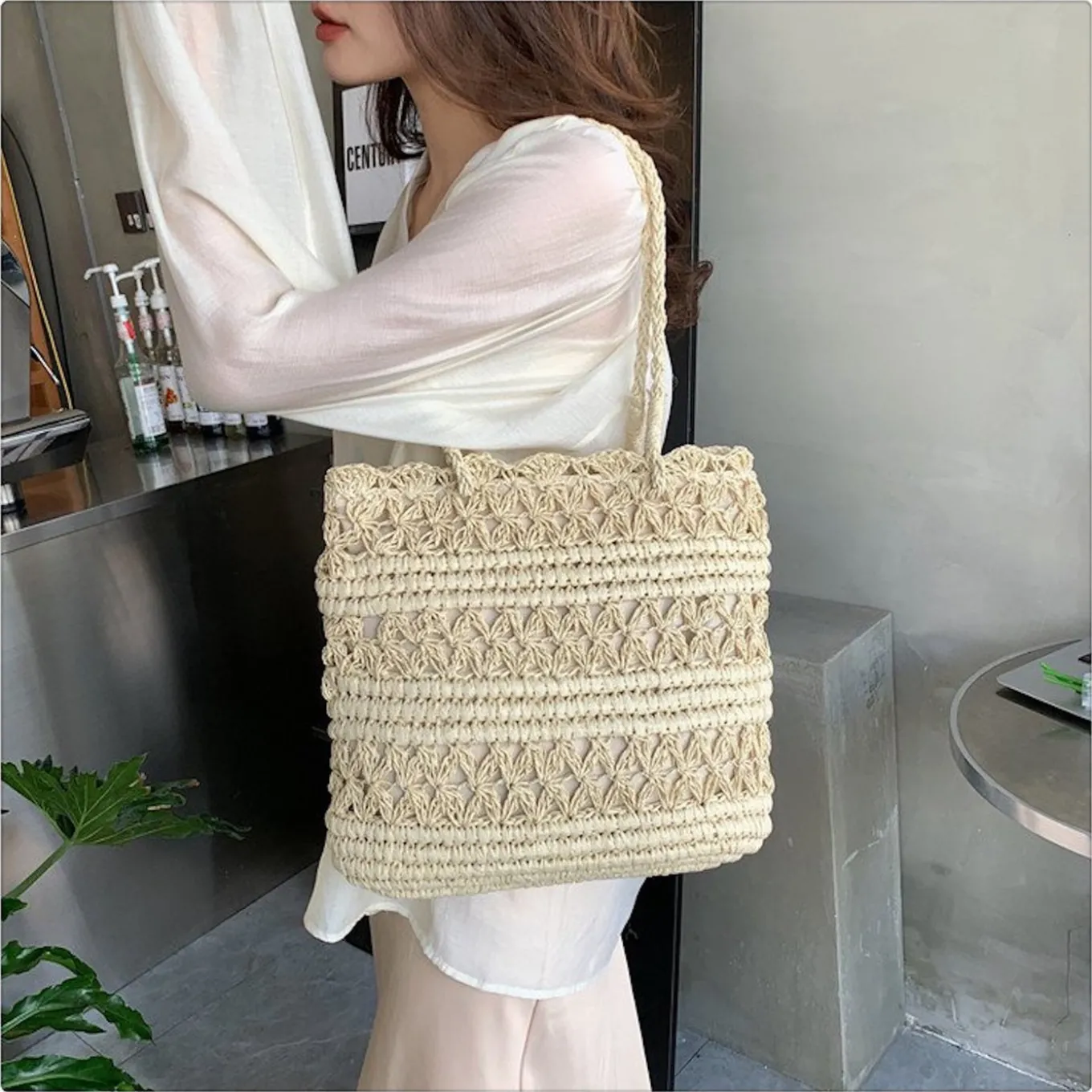 Elena Handbags Long Handle Floral Design Straw Beach Tote