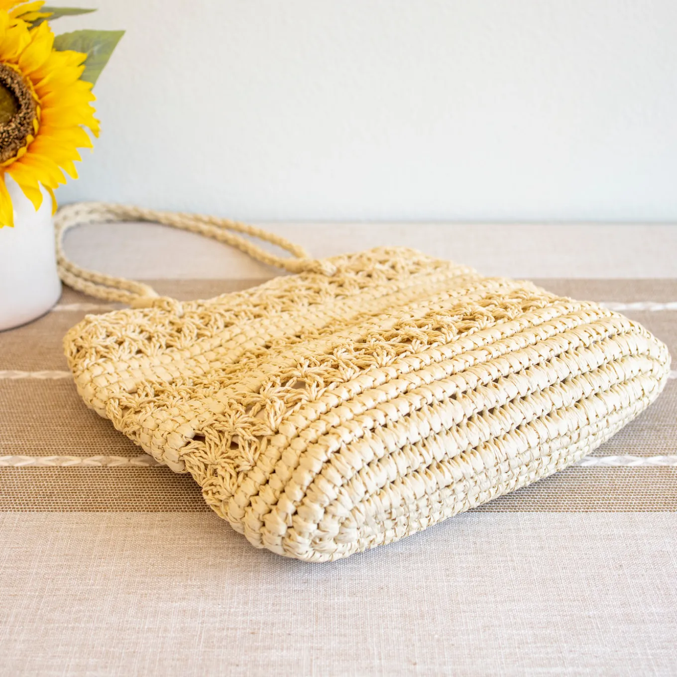 Elena Handbags Long Handle Floral Design Straw Beach Tote