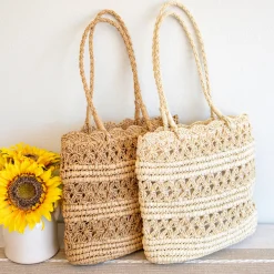 Elena Handbags Long Handle Floral Design Straw Beach Tote