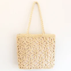 Elena Handbags Long Handle Floral Design Straw Beach Tote