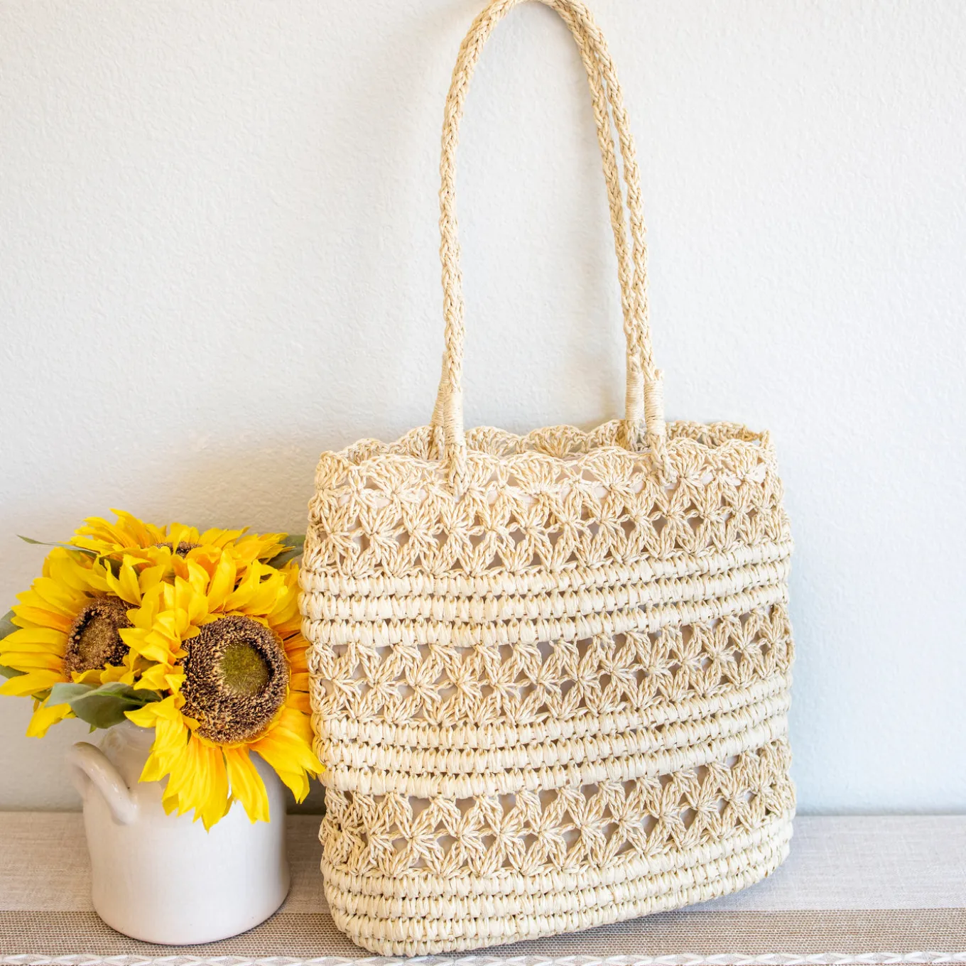 Elena Handbags Long Handle Floral Design Straw Beach Tote