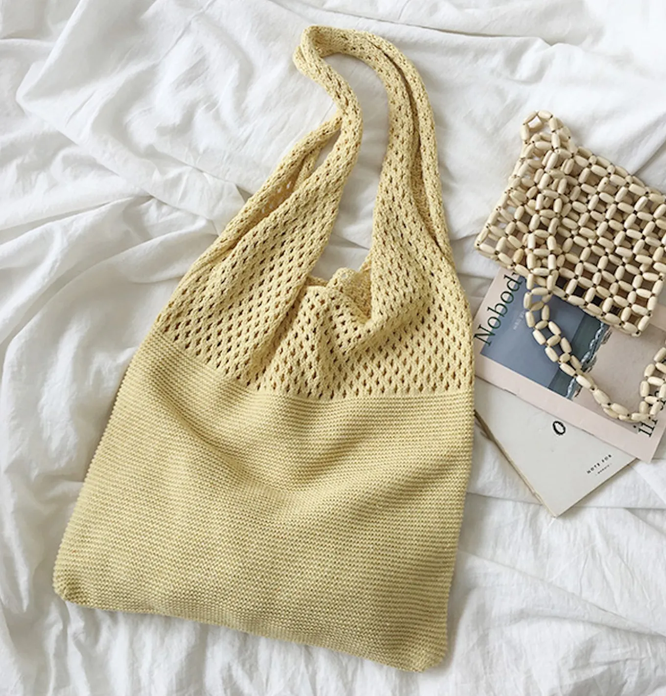 Elena Handbags Macaron Colored Cotton Knitted Shoulder Bag