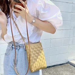 Elena Handbags Mini Square Leather Woven Purse