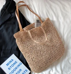 Elena Handbags Minimalistic Straw Woven Tote Bag
