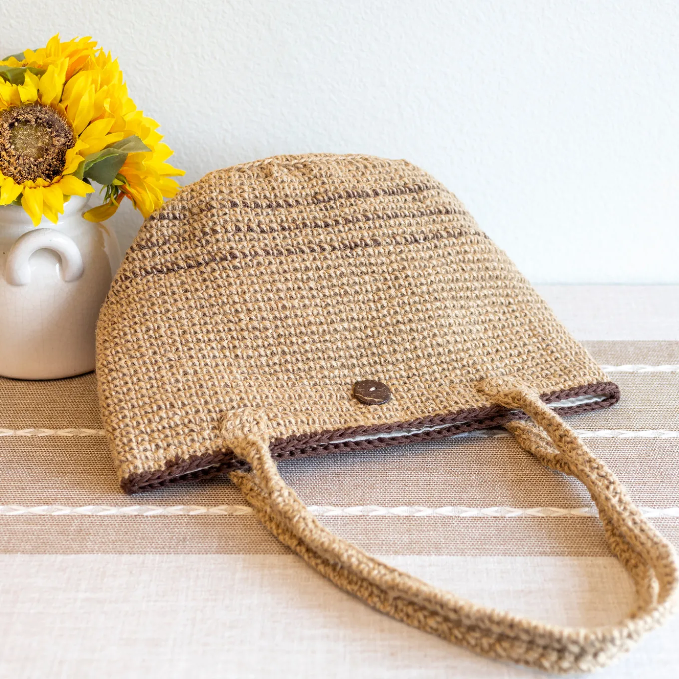 Elena Handbags Natural Cotton Jute Basket Shoulder Bag