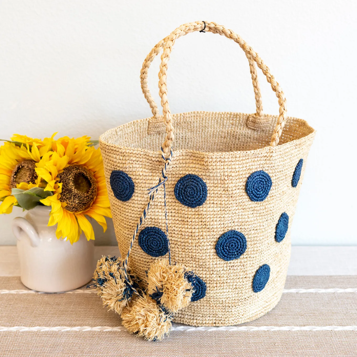 Elena Handbags Natural Raffia Polka Dot Summer Beach Shoulder Tote