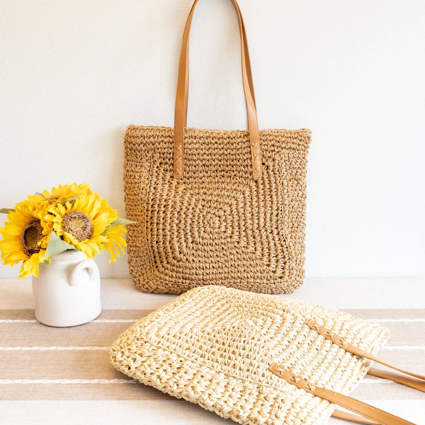Elena Handbags Patterned Straw Woven Tote Bag