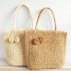 Elena Handbags Patterned Straw Woven Tote with Pom Pom