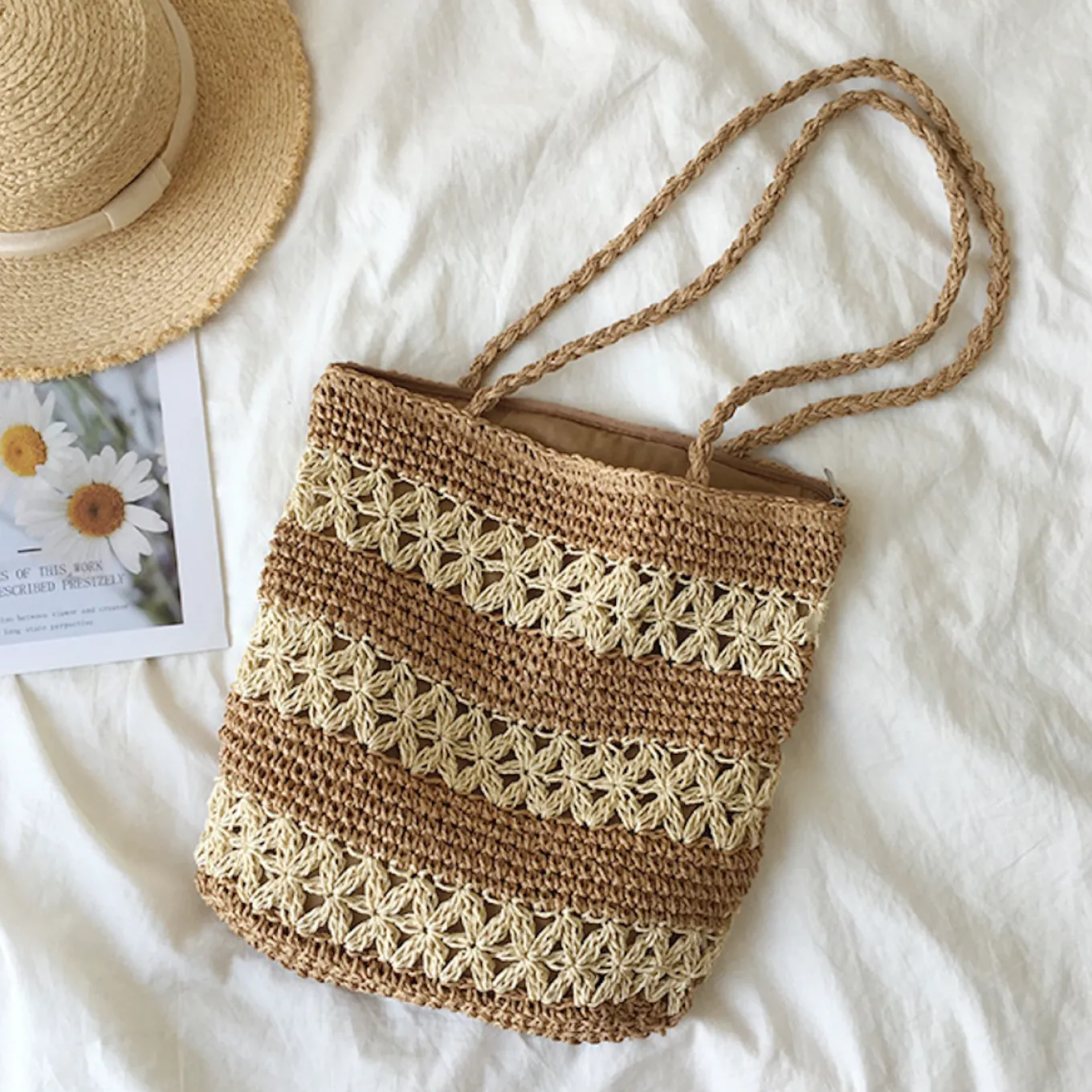 Elena Handbags Patterned Straw Woven Tote Bag