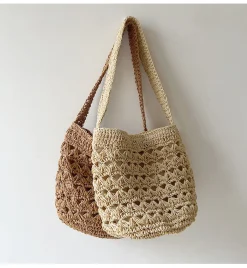 Elena Handbags Patterned Straw Shoulder Bucket Bag