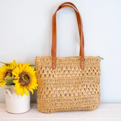 Elena Handbags Patterned Straw Woven Tote Bag